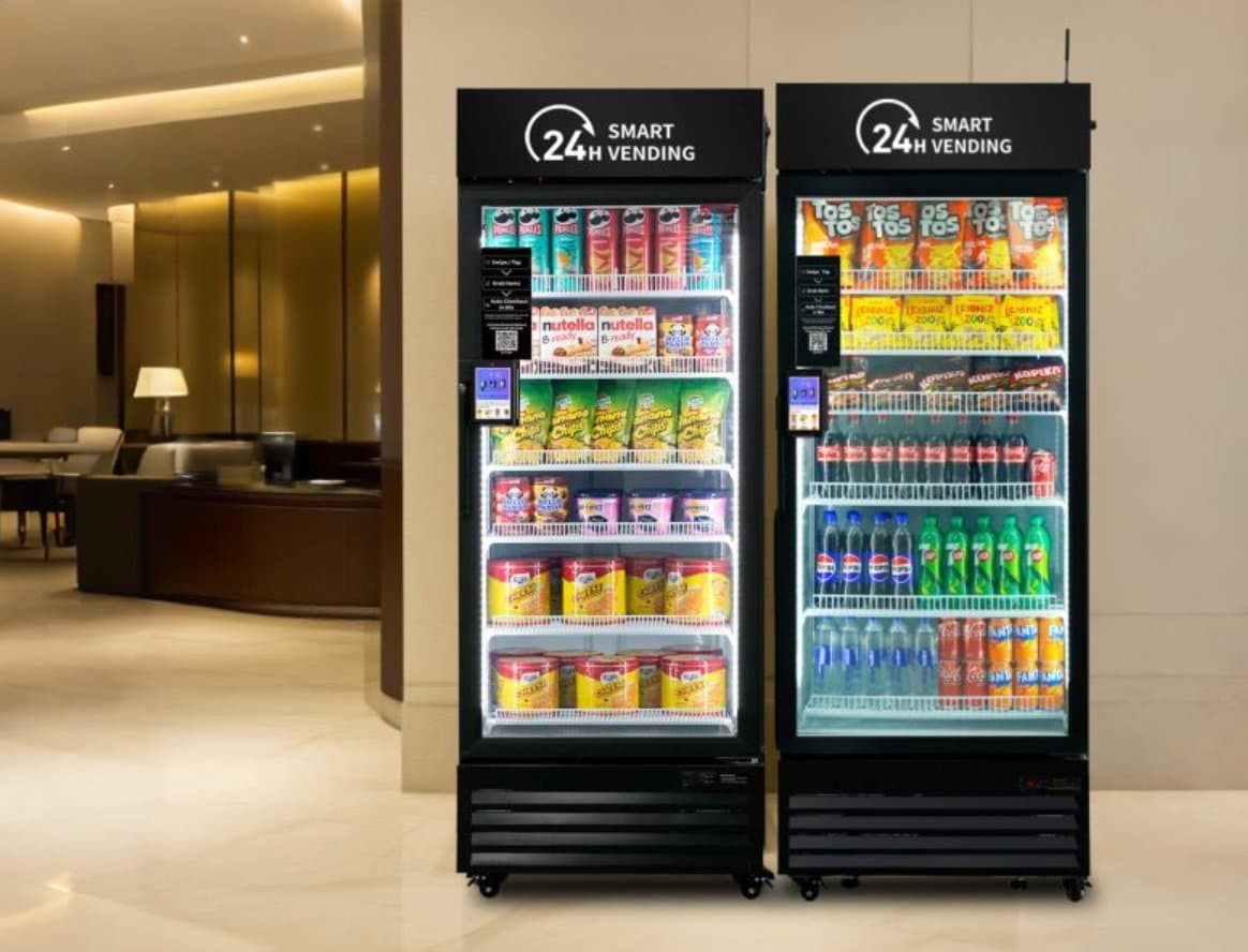 SwiftMart smart vending machines installed in a hotel lobby
